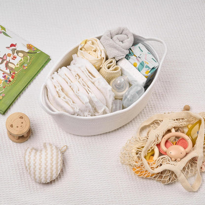 Small Woven Gift Basket Empty with Bag & Ribbon - Gifts for Mom, Baby Shower, Birthdays & Raffle - Cotton Rope Storage Basket for Dog Toys or Shelf - 12"x8"x5", White