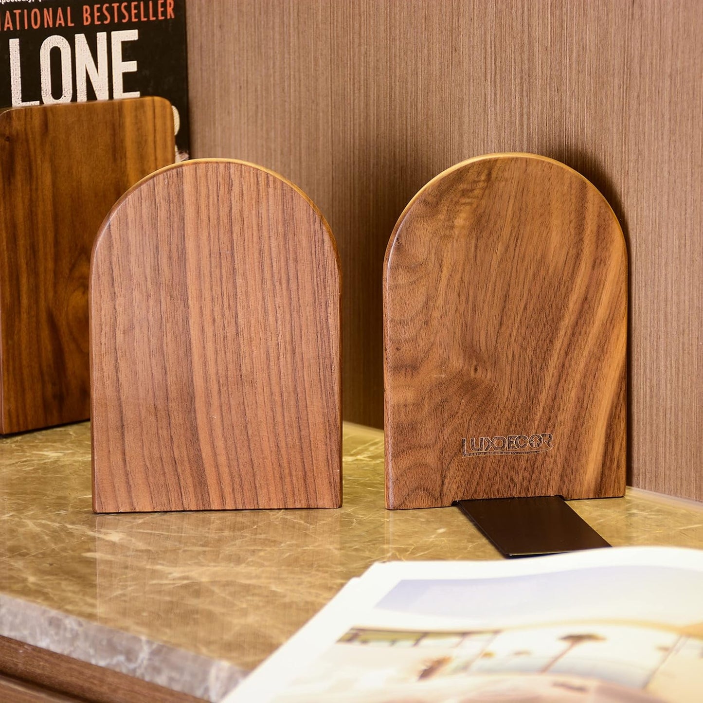 Large Bookend Hold Heavy Books- 7x4x5in 2 Pack Wood Bookends for Heavy Books Heavy Duty Walnut Book Ends for Men Wood Bookends for Office Desk Non-Skid