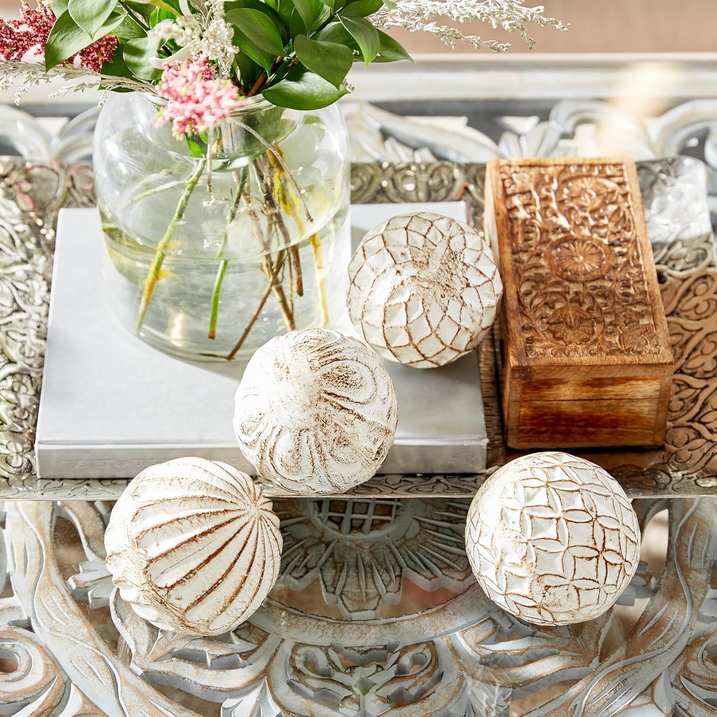 Deco 79 Ceramic Handmade Carved Decorative Ball Orbs & Vase Filler with Varying Patterns, Set of 4 4"W, 4"H, White