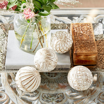 Deco 79 Ceramic Handmade Carved Decorative Ball Orbs & Vase Filler with Varying Patterns, Set of 4 4"W, 4"H, White