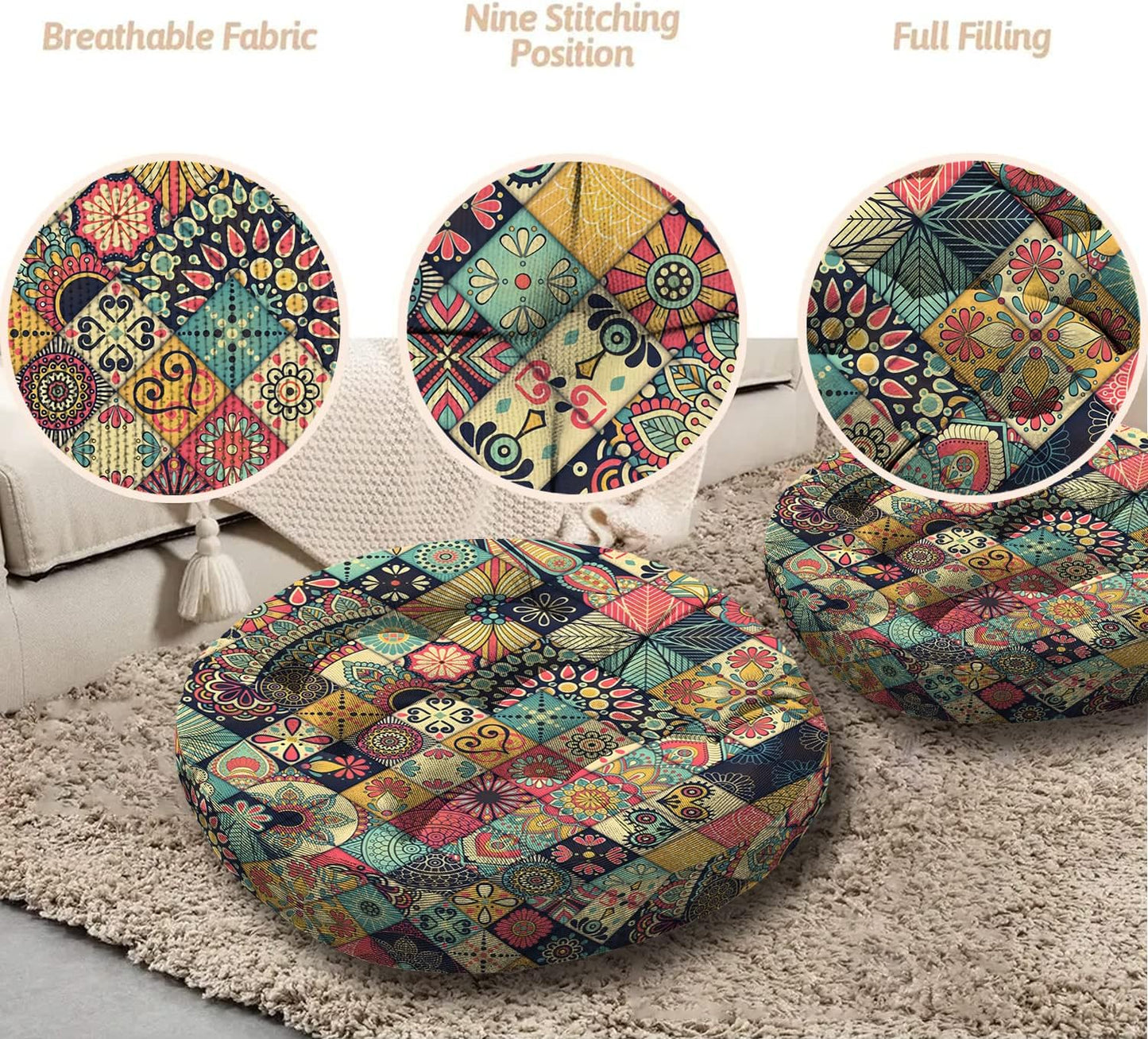 Mandala Meditation Cushion, Boho Meditation Mat, Meditation Pillows for Sitting on Floor, Cushions for Sitting in Home and Outdoor, Square Floor Pillow Cushion Seating for Yoga Accessories 22'' X 22''