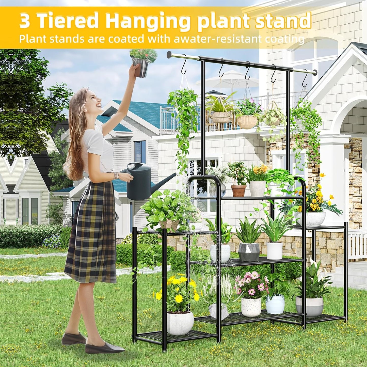 Simple Trending Plant Stand Indoor Outdoor, Heavy Duty Metal 3 Tiered Hanging Plant Shelf for Multiple Flower Planter Holder Tall Large Rack for Living Room Garden Balcony, Black