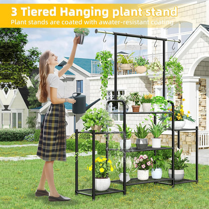 Simple Trending Plant Stand Indoor Outdoor, Heavy Duty Metal 3 Tiered Hanging Plant Shelf for Multiple Flower Planter Holder Tall Large Rack for Living Room Garden Balcony, Black