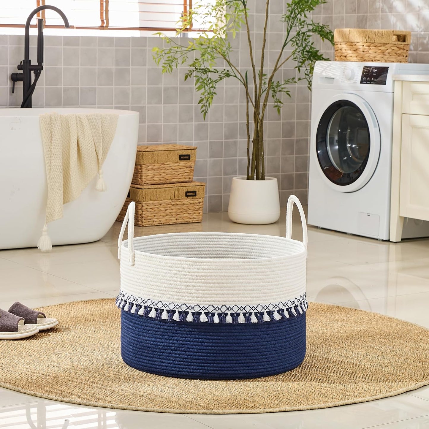 KAKAMAY Large Blanket Basket (20"x13"),Woven Baskets for storage Baby Laundry Hamper, Cotton Rope Blanket Basket for Living Room, Laundry, Nursery, Pillows, Baby Toy chest (White/Brown)