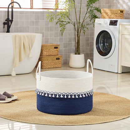KAKAMAY Large Blanket Basket (20"x13"),Woven Baskets for storage Baby Laundry Hamper, Cotton Rope Blanket Basket for Living Room, Laundry, Nursery, Pillows, Baby Toy chest (White/Brown)