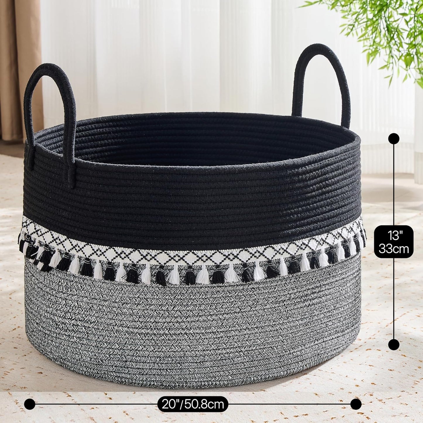 KAKAMAY Large Blanket Basket (20"x13"),Woven Baskets for storage Baby Laundry Hamper, Cotton Rope Blanket Basket for Living Room, Laundry, Nursery, Pillows, Baby Toy chest (White/Brown)