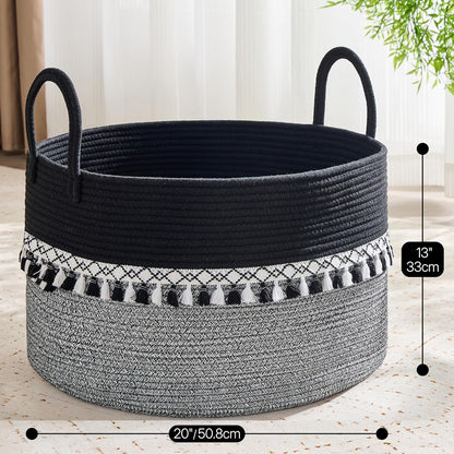 KAKAMAY Large Blanket Basket (20"x13"),Woven Baskets for storage Baby Laundry Hamper, Cotton Rope Blanket Basket for Living Room, Laundry, Nursery, Pillows, Baby Toy chest (White/Brown)