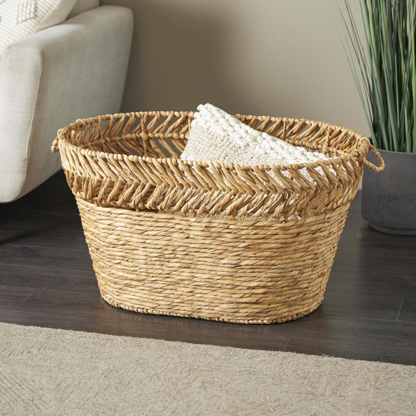Deco 79 Seagrass Handmade Decorative and Functional Storage Basket Large Woven Basket Organizer with Ring Handles, Basket for Storage 20" x 18" x 19", Brown