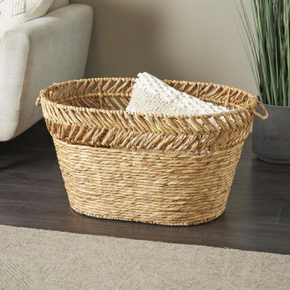 Deco 79 Seagrass Handmade Decorative and Functional Storage Basket Large Woven Basket Organizer with Ring Handles, Basket for Storage 20" x 18" x 19", Brown