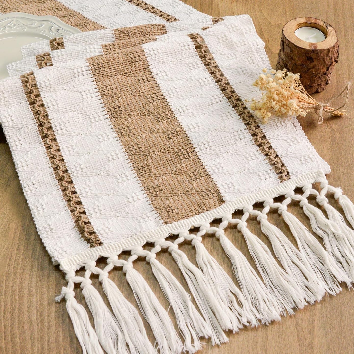 FEXIA Boho Table Runner for Thanksgiving Fall Christmas Home Decor with Tassels 72 Inches Long Pottery barn Furniture Farmhouse Rustic Macrame Burlap Table Decoration for Living Room (12x72 Inches)