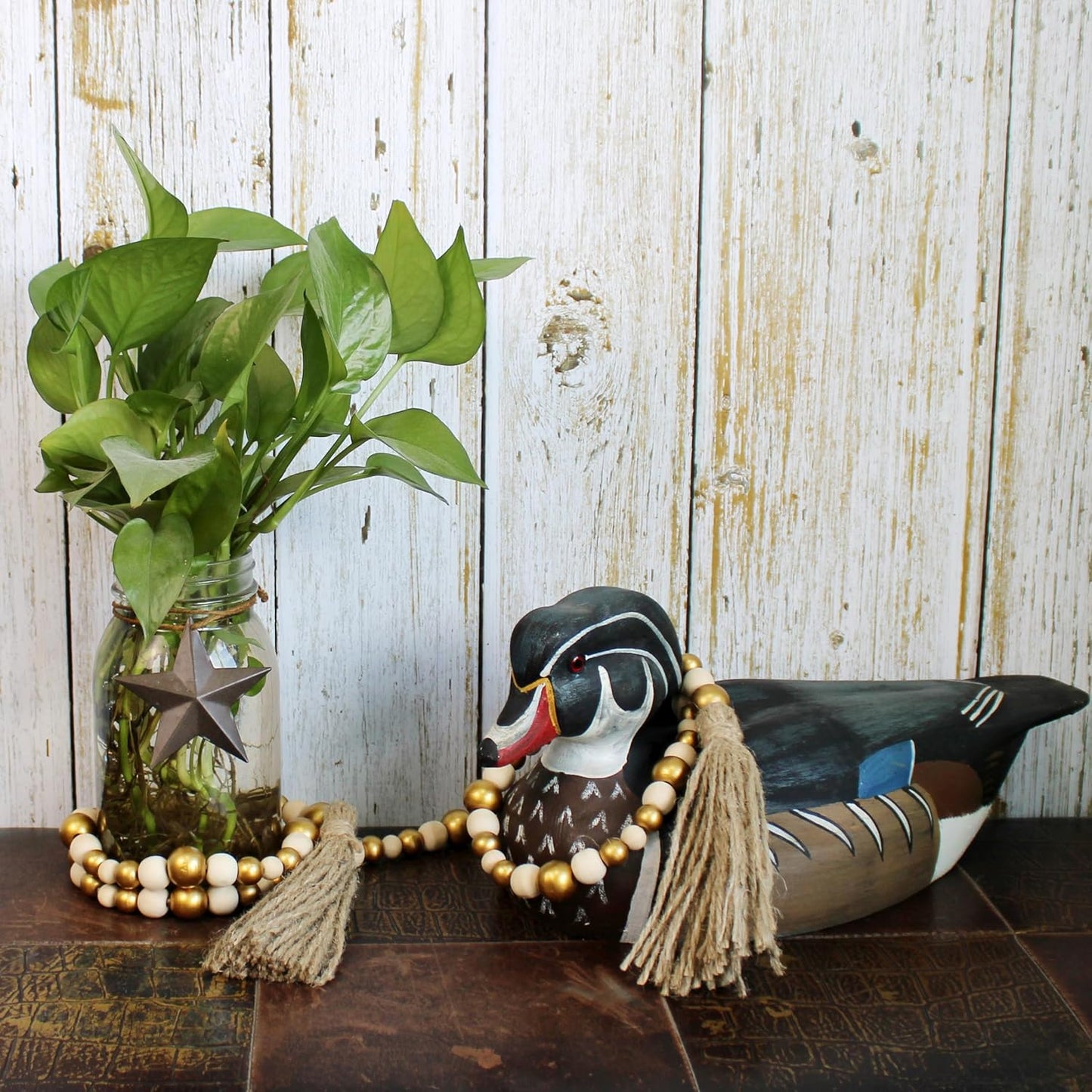 CVHOMEDECO. Wood Beads Garland with Tassels Farmhouse Rustic Wooden Prayer Bead String Wall Hanging Accent for Home Festival Decor. Mix Distressed