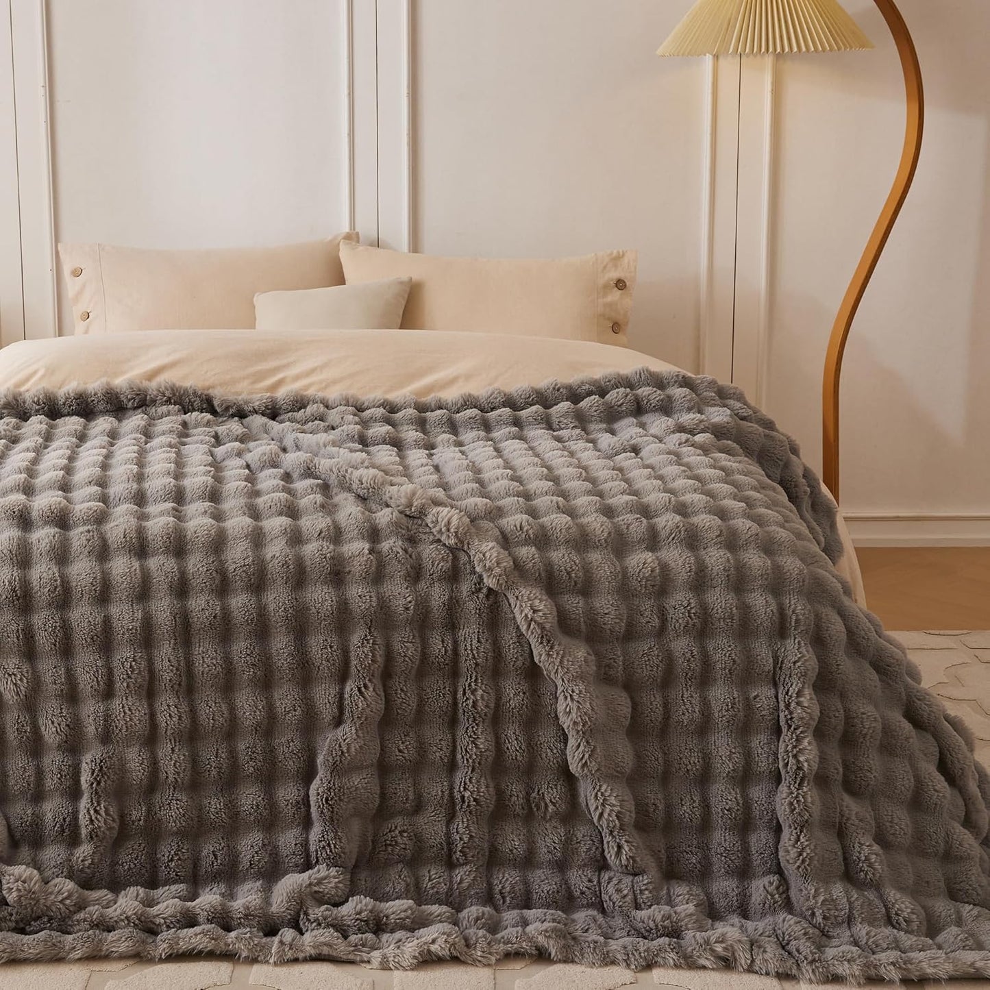 COOVA Faux Fur Throw Blanket for Couch, Cozy Soft and Fuzzy Plush Rabbit Fur Bubble Blanket for Sofa Bedroom Living Room, 50x60 Inches Tie Dye Brown
