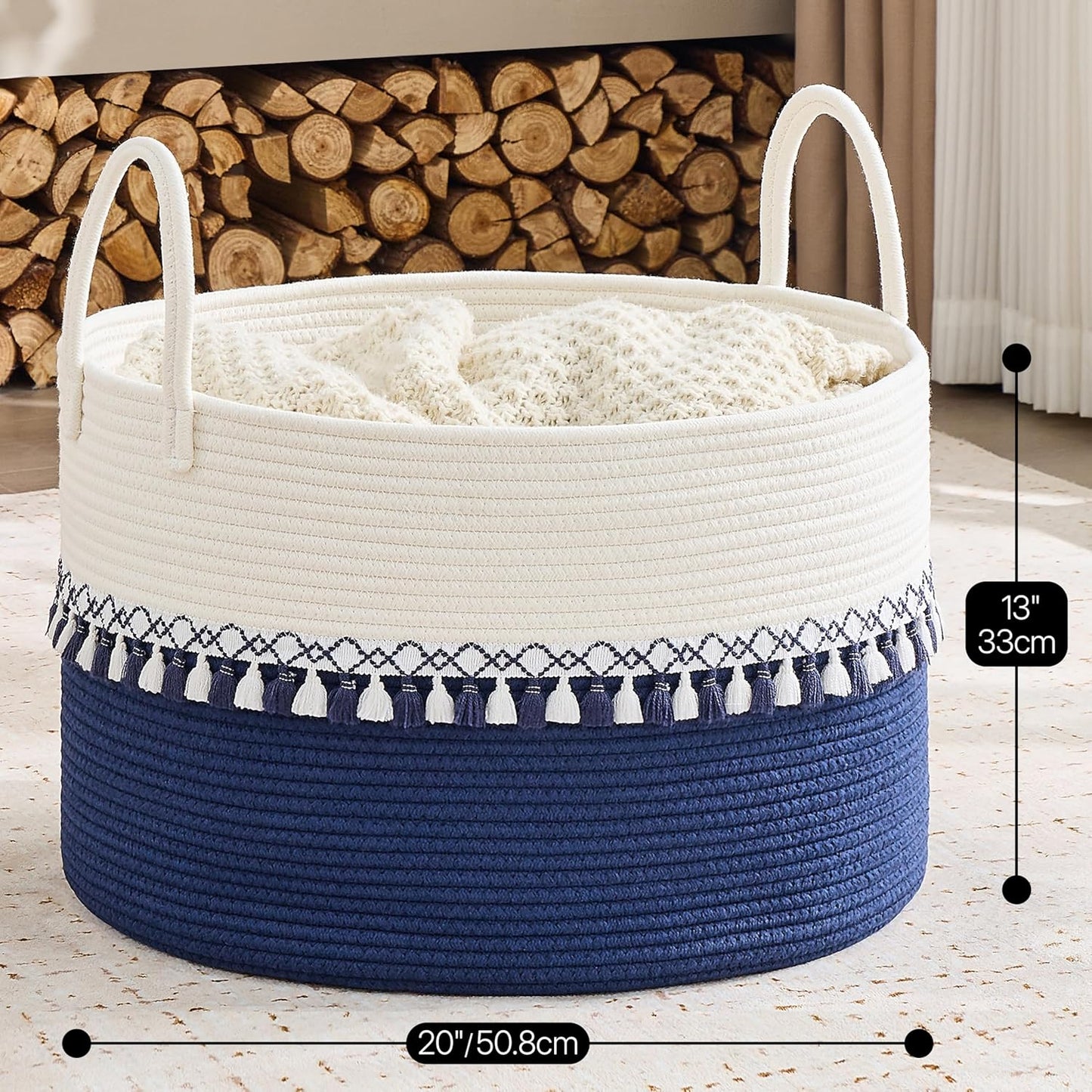 KAKAMAY Large Blanket Basket (20"x13"),Woven Baskets for storage Baby Laundry Hamper, Cotton Rope Blanket Basket for Living Room, Laundry, Nursery, Pillows, Baby Toy chest (White/Brown)