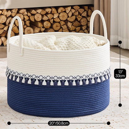 KAKAMAY Large Blanket Basket (20"x13"),Woven Baskets for storage Baby Laundry Hamper, Cotton Rope Blanket Basket for Living Room, Laundry, Nursery, Pillows, Baby Toy chest (White/Brown)