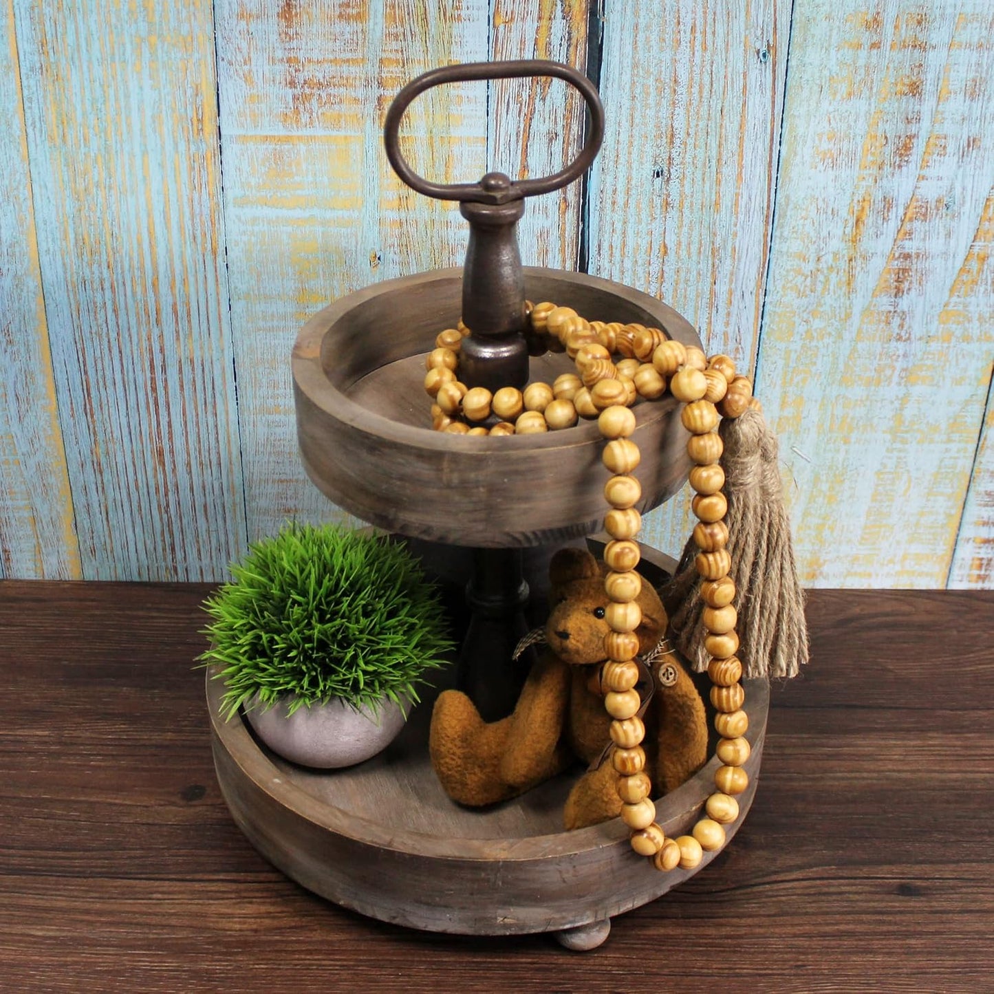 CVHOMEDECO. Wood Beads Garland with Tassels Farmhouse Rustic Wooden Prayer Bead String Wall Hanging Accent for Home Festival Decor. Mix Distressed
