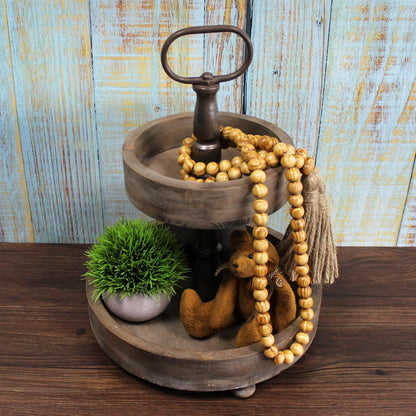 CVHOMEDECO. Wood Beads Garland with Tassels Farmhouse Rustic Wooden Prayer Bead String Wall Hanging Accent for Home Festival Decor. Mix Distressed