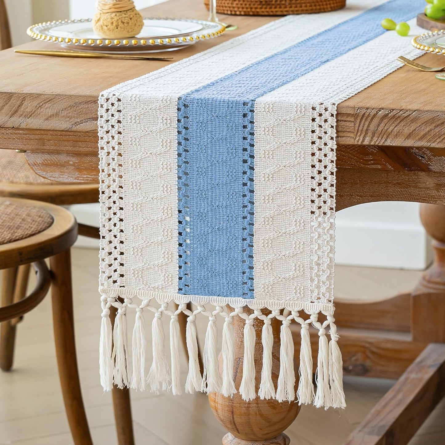 FEXIA Boho Table Runner for Thanksgiving Fall Christmas Home Decor with Tassels 72 Inches Long Pottery barn Furniture Farmhouse Rustic Macrame Burlap Table Decoration for Living Room (12x72 Inches)