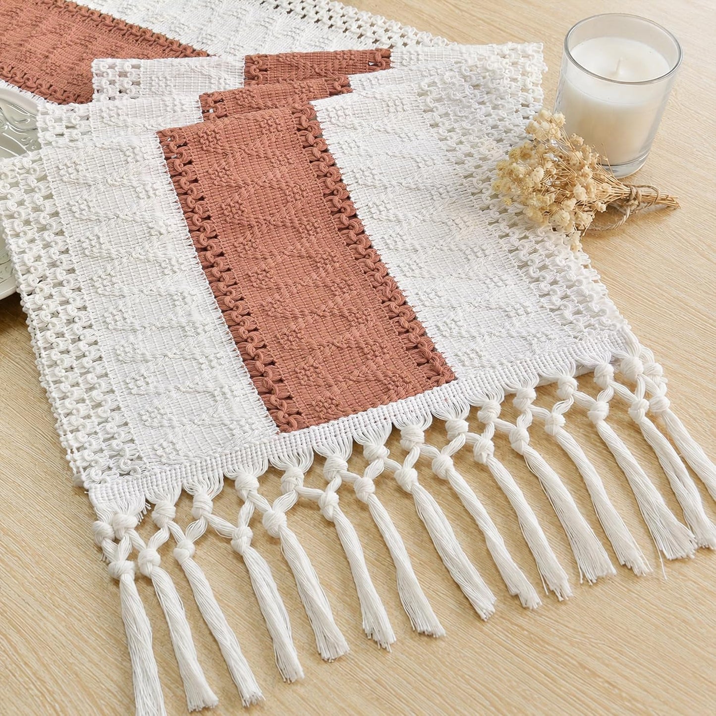 FEXIA Boho Table Runner for Thanksgiving Fall Christmas Home Decor with Tassels 72 Inches Long Pottery barn Furniture Farmhouse Rustic Macrame Burlap Table Decoration for Living Room (12x72 Inches)