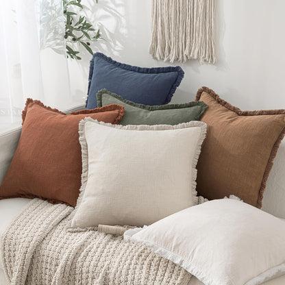 MIULEE Decorative Throw Pillow Covers Neutral Linen Fringe Throw Pillows Set of 2 Natural Beige Boho Farmhouse Cushion Covers with Tassels for Couch Sofa Bed Spring Home Decor 20x20 Inch