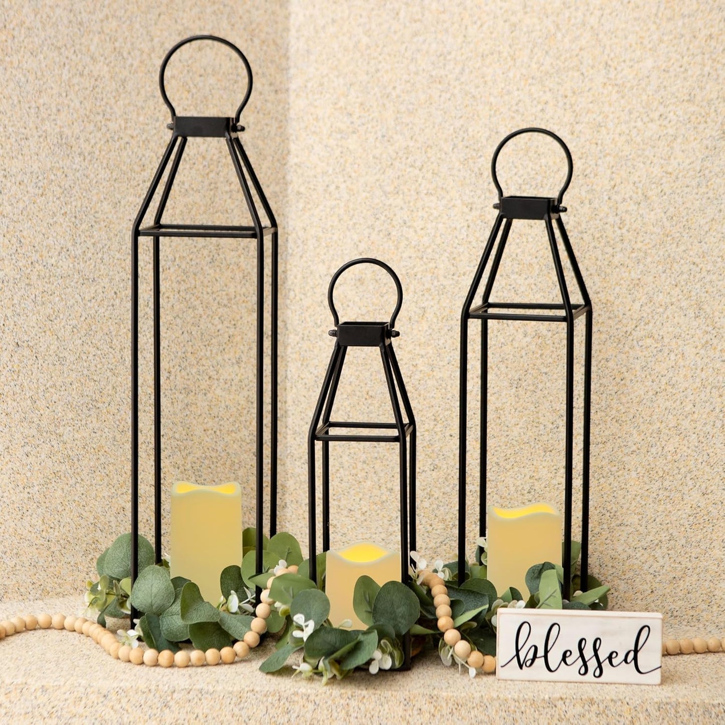 Perfnique Modern Farmhouse Lantern Decor, 15'' 13'' Set of 2 Black Metal Lantern, 2 LED 6hr Timer Flameless Candles ＆ Remote Timer, Lanterns Decorative for Outdoor, Home, Indoor, Patio, Christmas