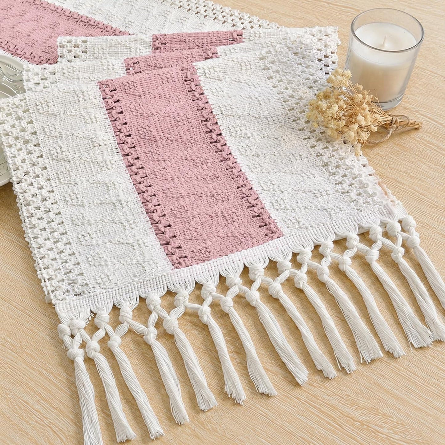 FEXIA Boho Table Runner for Thanksgiving Fall Christmas Home Decor with Tassels 72 Inches Long Pottery barn Furniture Farmhouse Rustic Macrame Burlap Table Decoration for Living Room (12x72 Inches)