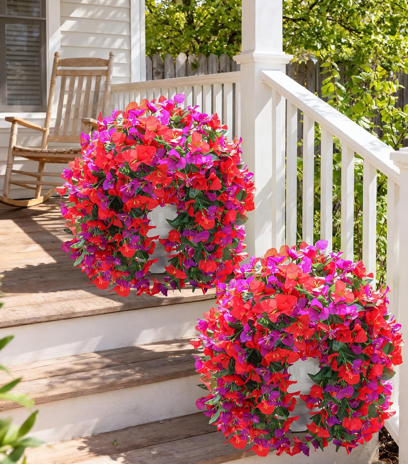 Faux Bougainvillea Artificial Flowers Plants for Outdoor Outside Decoration, 2 PCS Red Fake Flowers UV Resistant Look Real Silk Long Trailing Vines for Front Door Porch Planter Urn Patio Garden Yard