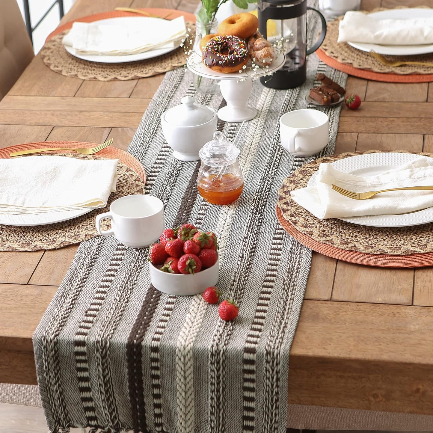 DII Farmhouse Braided Stripe Table Runner Collection, 15x72 (15x77, Fringe Included), Black