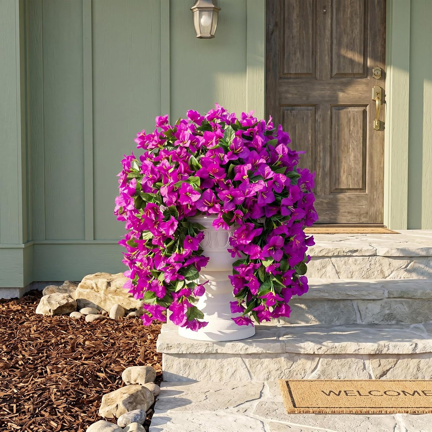 Faux Bougainvillea Artificial Flowers Plants for Outdoor Outside Decoration, 2 PCS Red Fake Flowers UV Resistant Look Real Silk Long Trailing Vines for Front Door Porch Planter Urn Patio Garden Yard