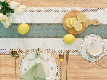 FEXIA Boho Table Runner for Thanksgiving Fall Christmas Home Decor with Tassels 72 Inches Long Pottery barn Furniture Farmhouse Rustic Macrame Burlap Table Decoration for Living Room (12x72 Inches)