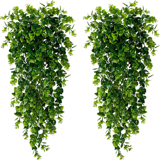 Sggvecsy 4 Pack Artificial Hanging Plants Fake Hanging Plant Faux Hanging Eucalyptus Plants UV Resistant Plastic Plants for Indoor Outdoor Room Wall Wedding Patio Porch Decor