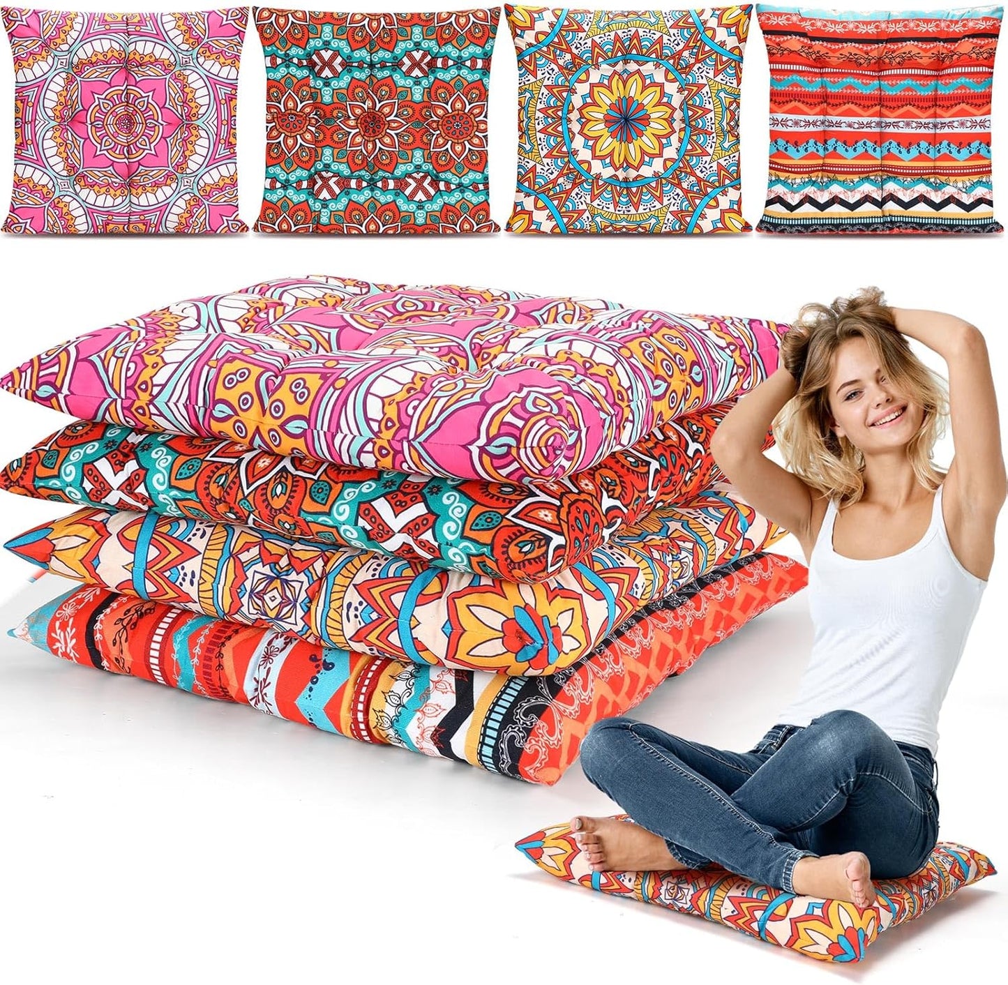 Nuogo 4 Pack Large 22 Inch Bohemian Floor Pillows Square Boho Floor Cushions Seating Pillows for Soft Yoga Meditation Pillow Mandala Pouf for Living Room Tatami Reading Nook(Exquisite)