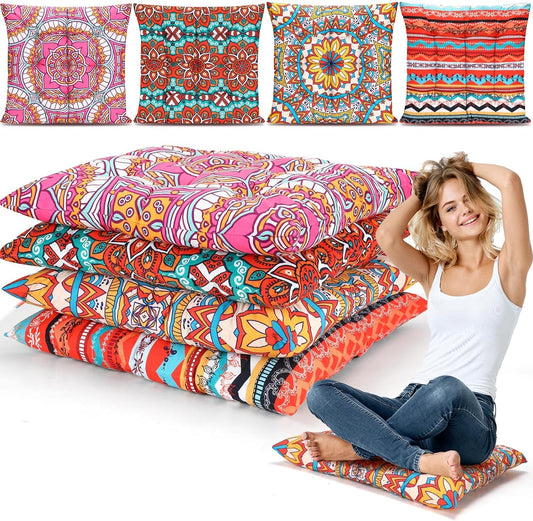 Nuogo 4 Pack Large 22 Inch Bohemian Floor Pillows Square Boho Floor Cushions Seating Pillows for Soft Yoga Meditation Pillow Mandala Pouf for Living Room Tatami Reading Nook(Exquisite)