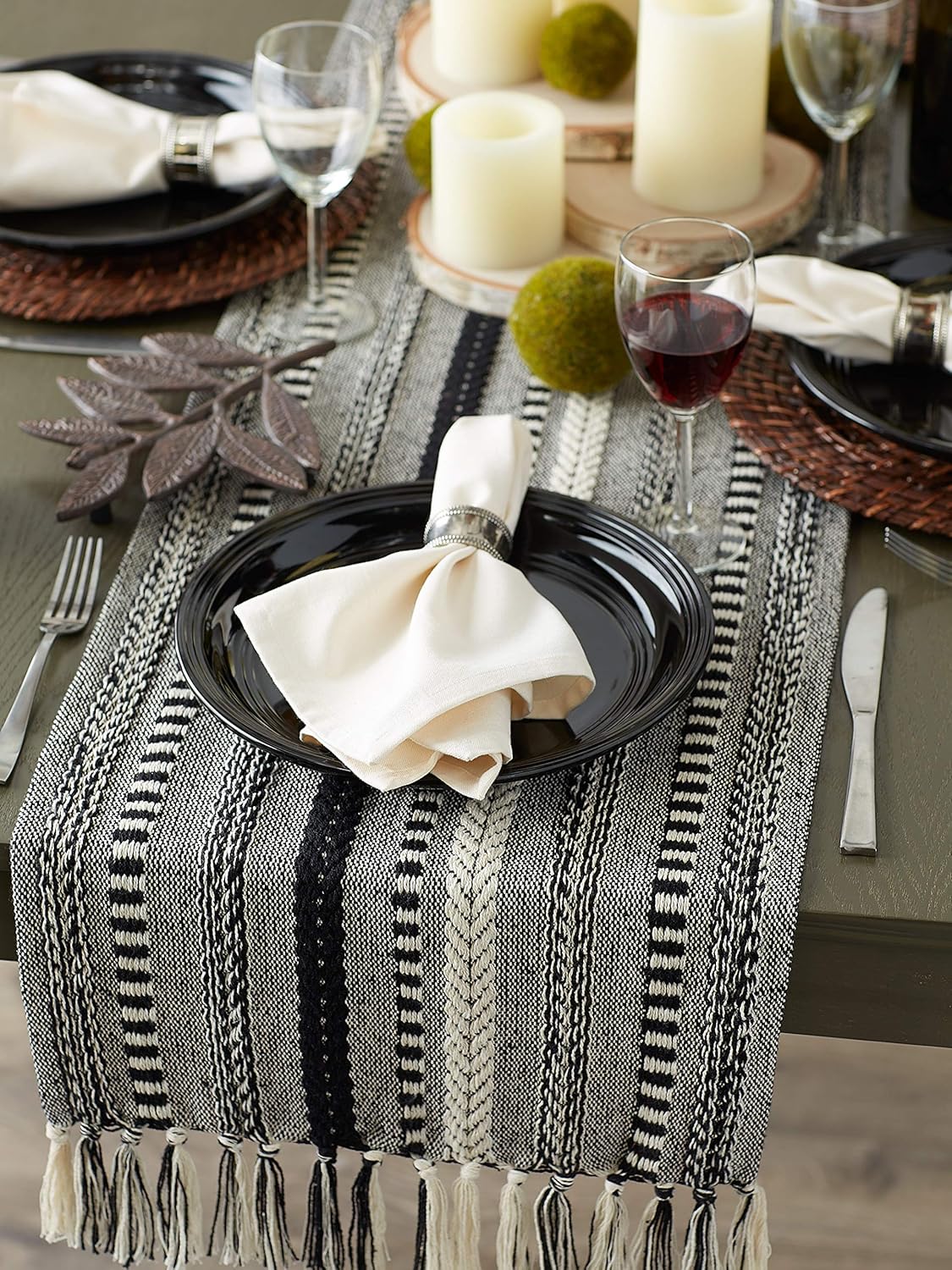 DII Farmhouse Braided Stripe Table Runner Collection, 15x72 (15x77, Fringe Included), Black