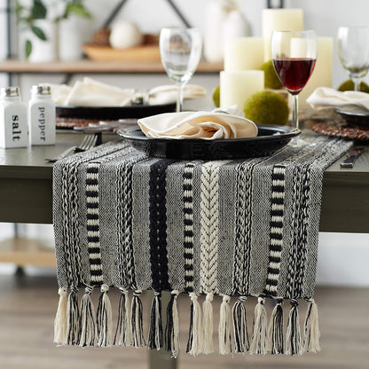 DII Farmhouse Braided Stripe Table Runner Collection, 15x72 (15x77, Fringe Included), Black
