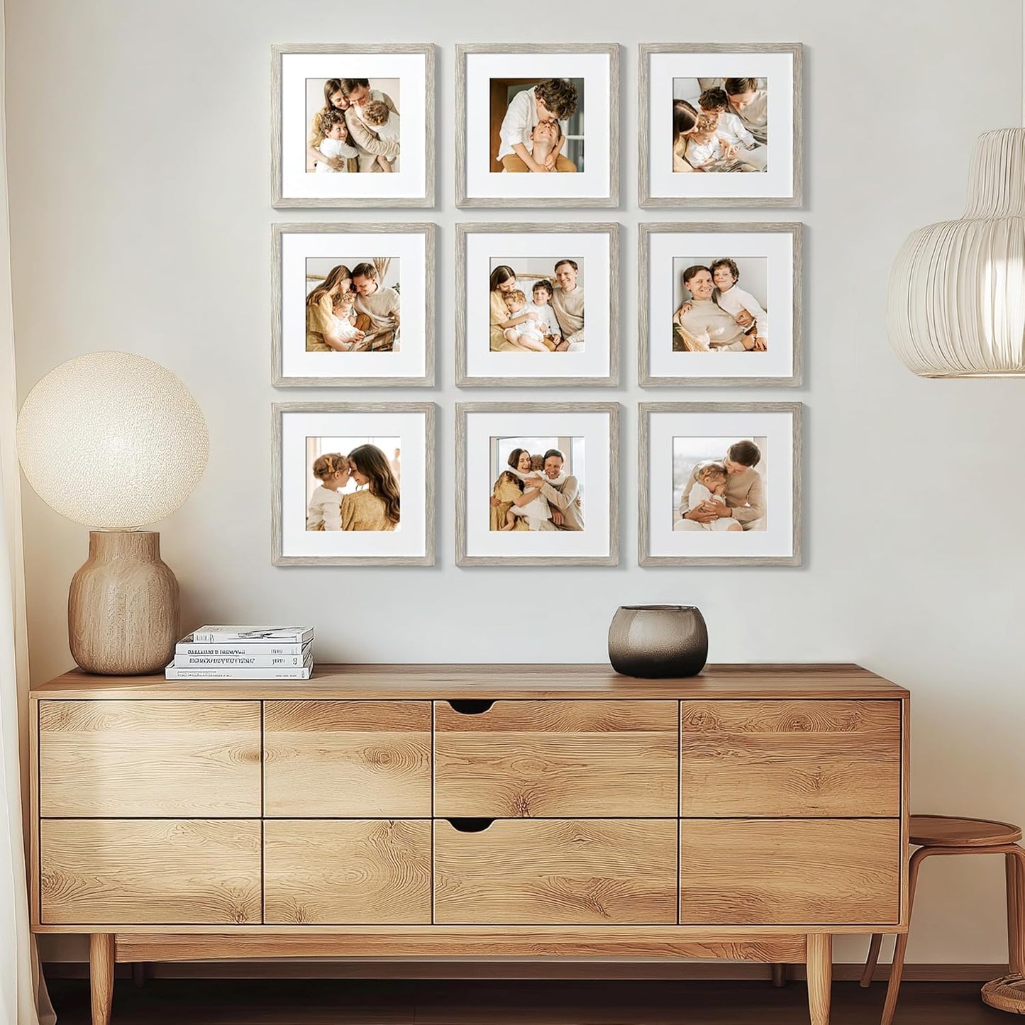 eletecpro 12x12 Picture Frames Set of 9 with Clear Acrylic Cover, Display 8x8 Photos with Mat or 12x12 Without, Classic and Sturdy Square Collage Gallery Wall Decor, Easy Wall Mount, Black