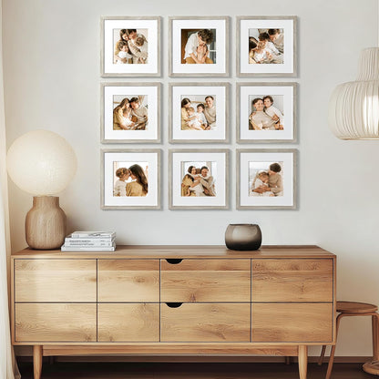 eletecpro 12x12 Picture Frames Set of 9 with Clear Acrylic Cover, Display 8x8 Photos with Mat or 12x12 Without, Classic and Sturdy Square Collage Gallery Wall Decor, Easy Wall Mount, Black