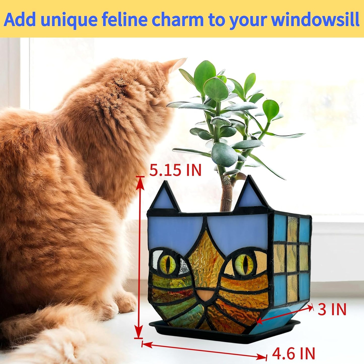 Tiffany Stained Glass Fun Moon Sleeping Cat Planter，Cactus Planter，Cute Planters for Indoor Plants,Decorative Flower Pots As Gifts for Cat Lovers，4.6x3x5.15 in
