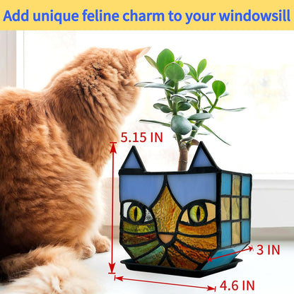 Tiffany Stained Glass Fun Moon Sleeping Cat Planter，Cactus Planter，Cute Planters for Indoor Plants,Decorative Flower Pots As Gifts for Cat Lovers，4.6x3x5.15 in