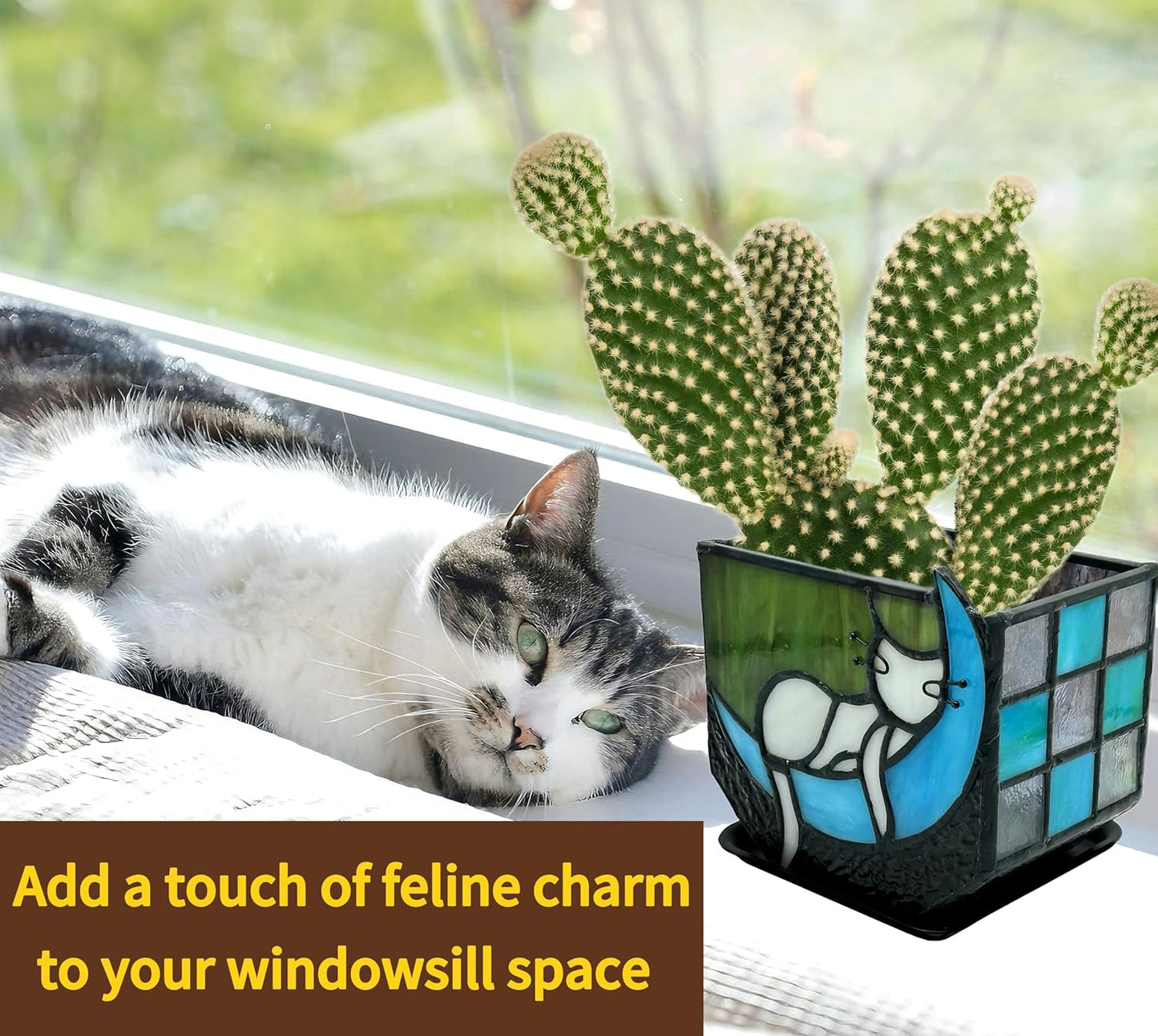 Tiffany Stained Glass Fun Moon Sleeping Cat Planter，Cactus Planter，Cute Planters for Indoor Plants,Decorative Flower Pots As Gifts for Cat Lovers，4.6x3x5.15 in