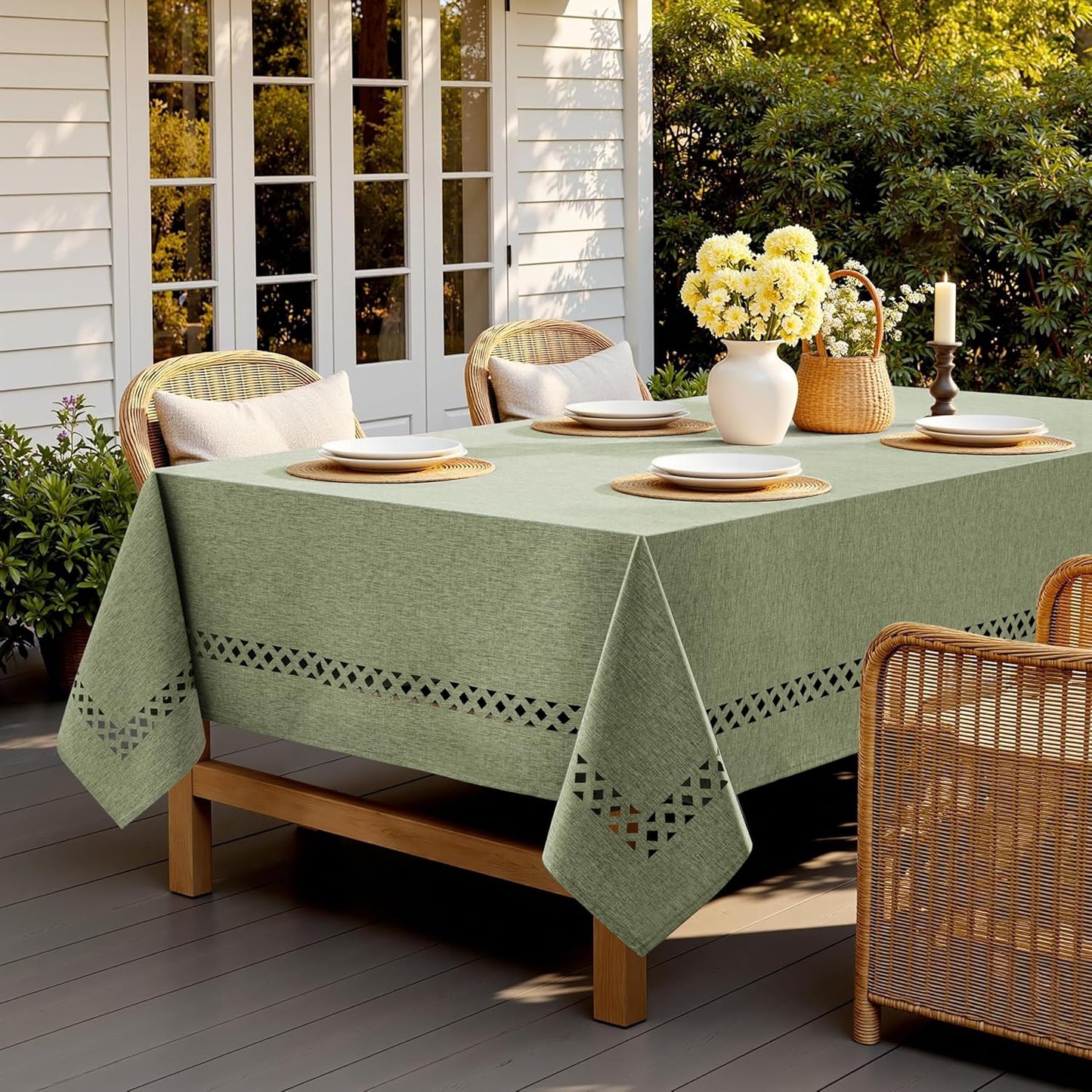 MIULEE Beige Rectangle Linen Polyester Tablecloth with Decorative Cutouts Spring Waterproof Stain Resistant & Shrink-Proof Table Cloth 52x70 inch Farmhouse Style for Dining Wedding and Outdoor
