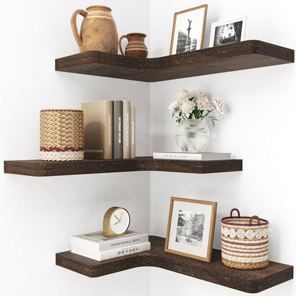 fuqing Floating Corner Shelves, Wall Shelf Set of 3, Shelves for Wall Storage, Solid Wood Shelves for Storage, Wall Mount Wooden Display Shelf for Bathroom Bedroom Kitchen Garage, Rustic Brown