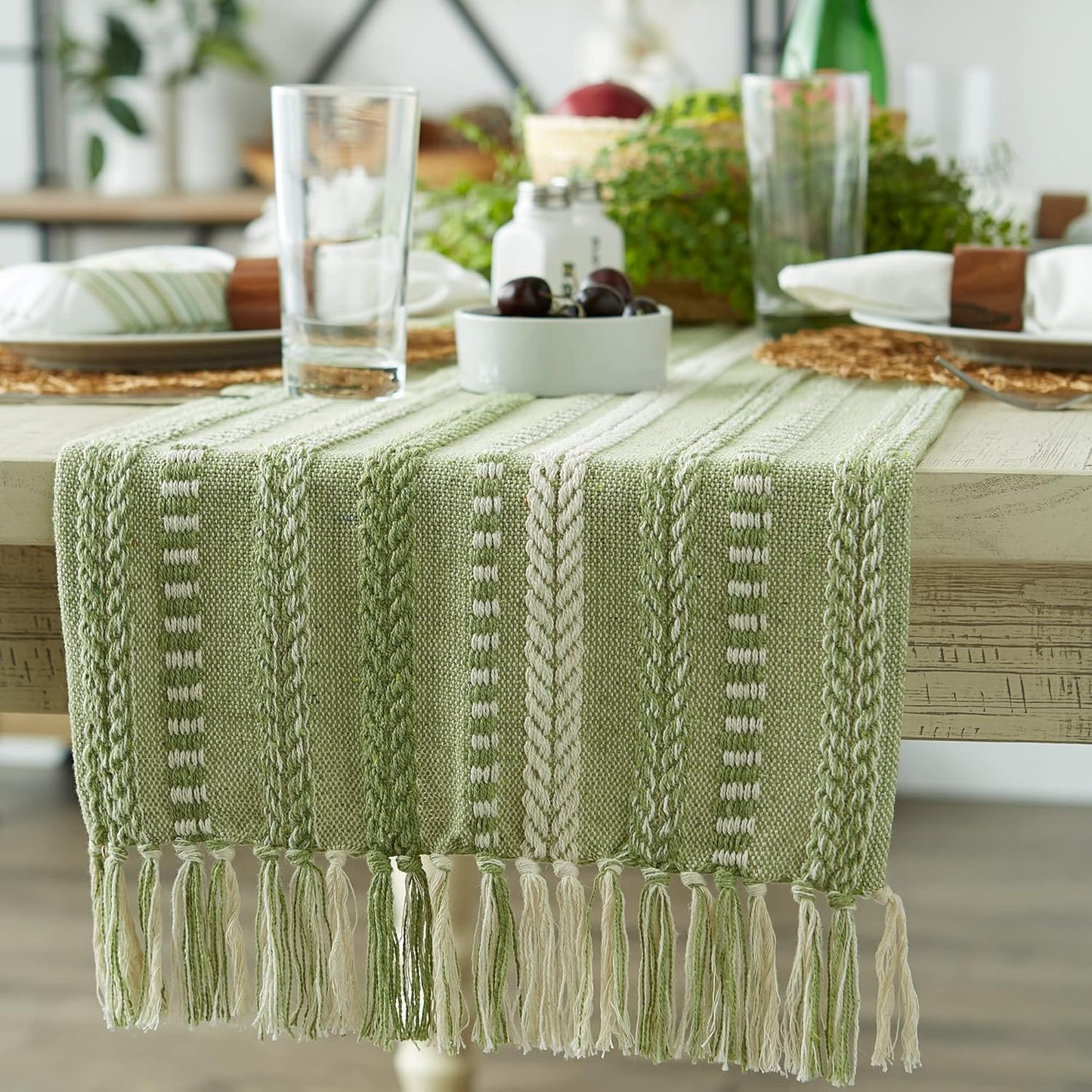 DII Farmhouse Braided Stripe Table Runner Collection, 15x72 (15x77, Fringe Included), Black