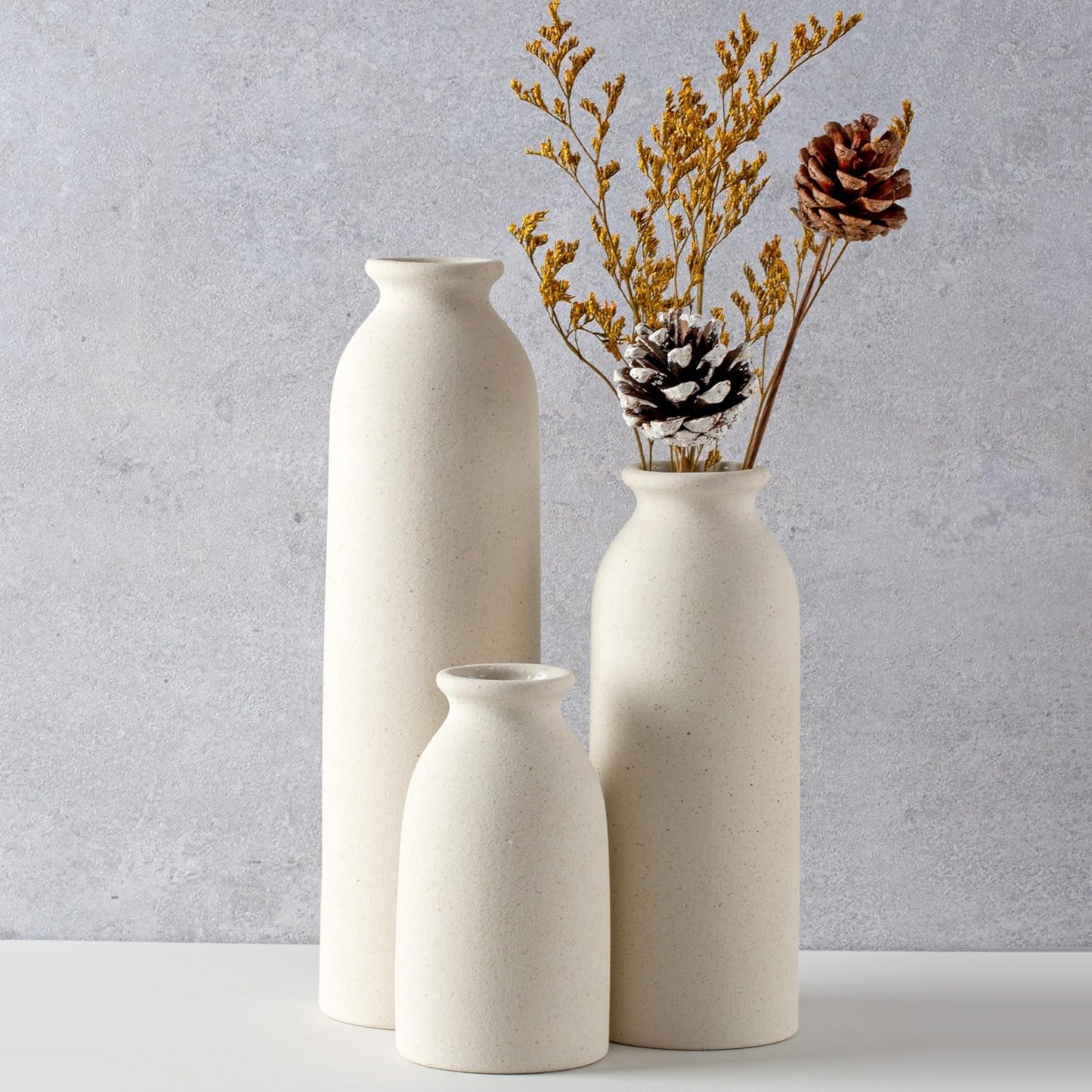 CEMABT Beige Ceramic vase Set-3 Small Flower vases for Decor,Modern Boho Farmhouse Home Decor,Decorative vase for Pampas Grass&Dried Flowers,idea Shelf,Table,Bookshelf ，Entryway- Distressed