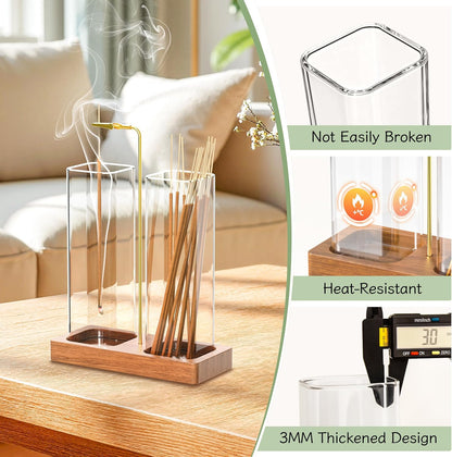 2 in 1 Incense Holder with 7.8" & 5.9" Glass Jars, Large Incense Holder for Sticks, Upside Down Incense Burner with Ash Catcher & Storage for Meditation Yoga Spa Home Decor - 20 Incense Sticks & Brush