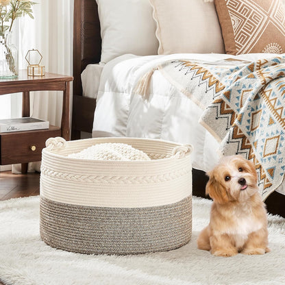 KAKAMAY Large Blanket Basket (20"x13"),Woven Baskets for storage Baby Laundry Hamper, Cotton Rope Blanket Basket for Living Room, Laundry, Nursery, Pillows, Baby Toy chest (White/Brown)