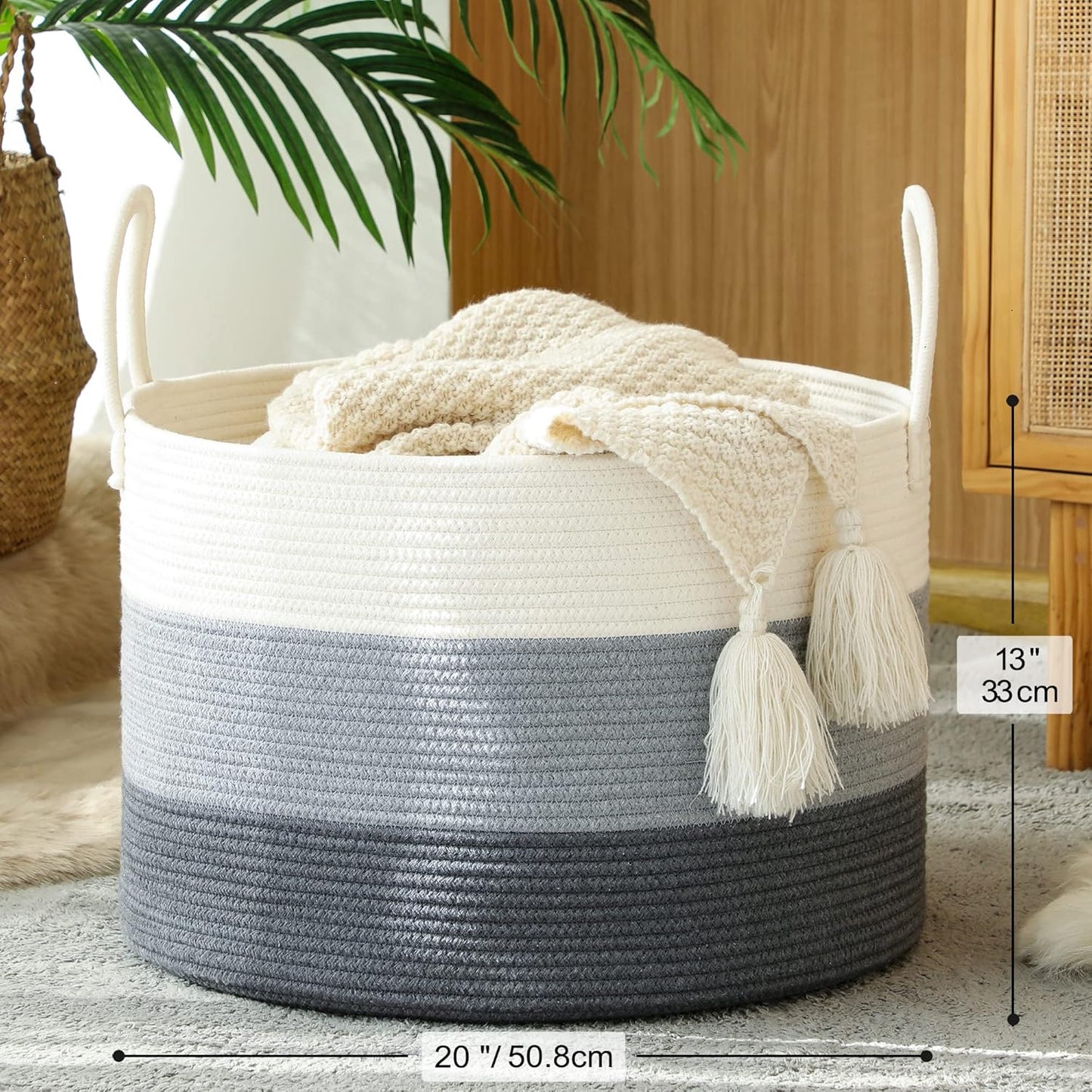 KAKAMAY Large Blanket Basket (20"x13"),Woven Baskets for storage Baby Laundry Hamper, Cotton Rope Blanket Basket for Living Room, Laundry, Nursery, Pillows, Baby Toy chest (White/Brown)