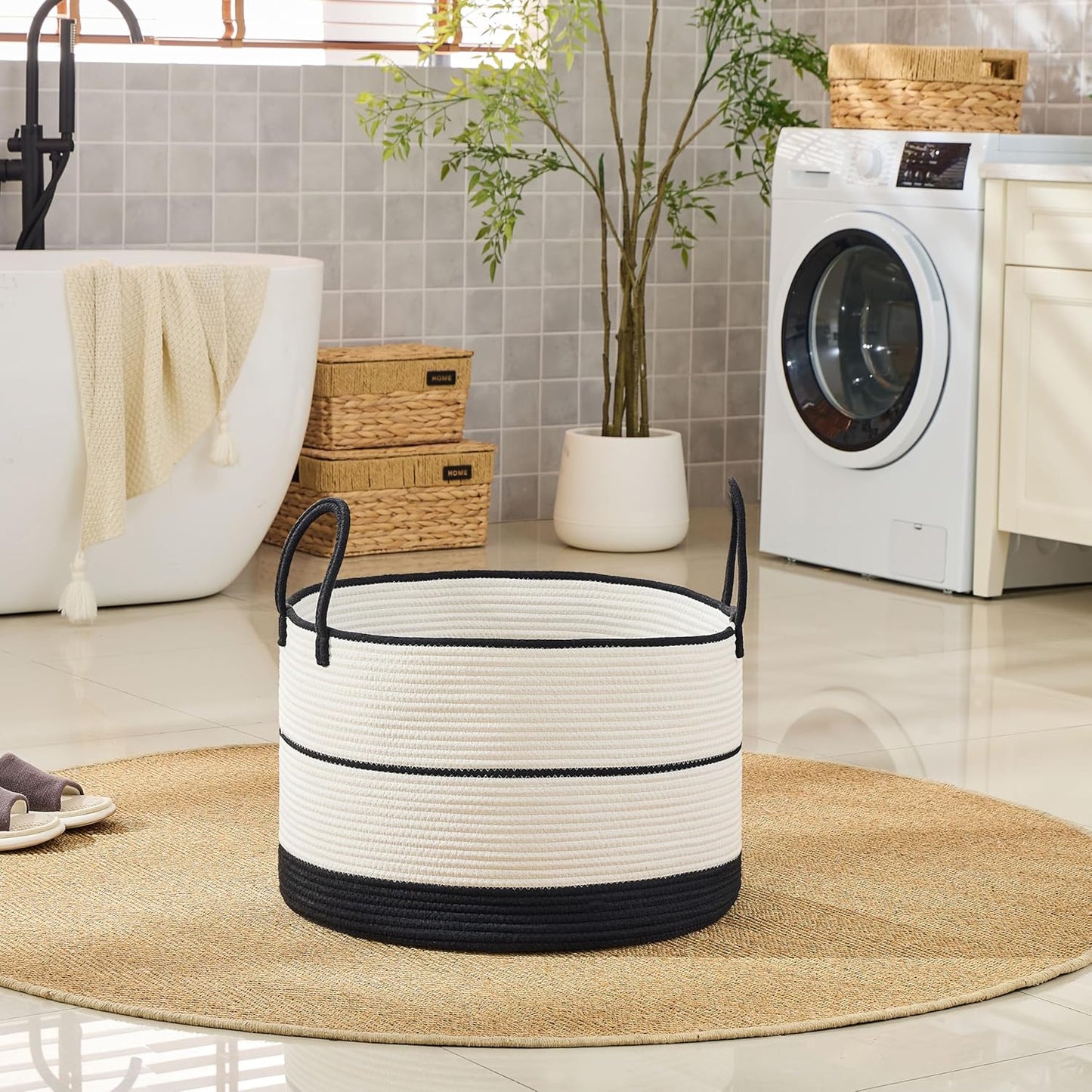 KAKAMAY Large Blanket Basket (20"x13"),Woven Baskets for storage Baby Laundry Hamper, Cotton Rope Blanket Basket for Living Room, Laundry, Nursery, Pillows, Baby Toy chest (White/Brown)
