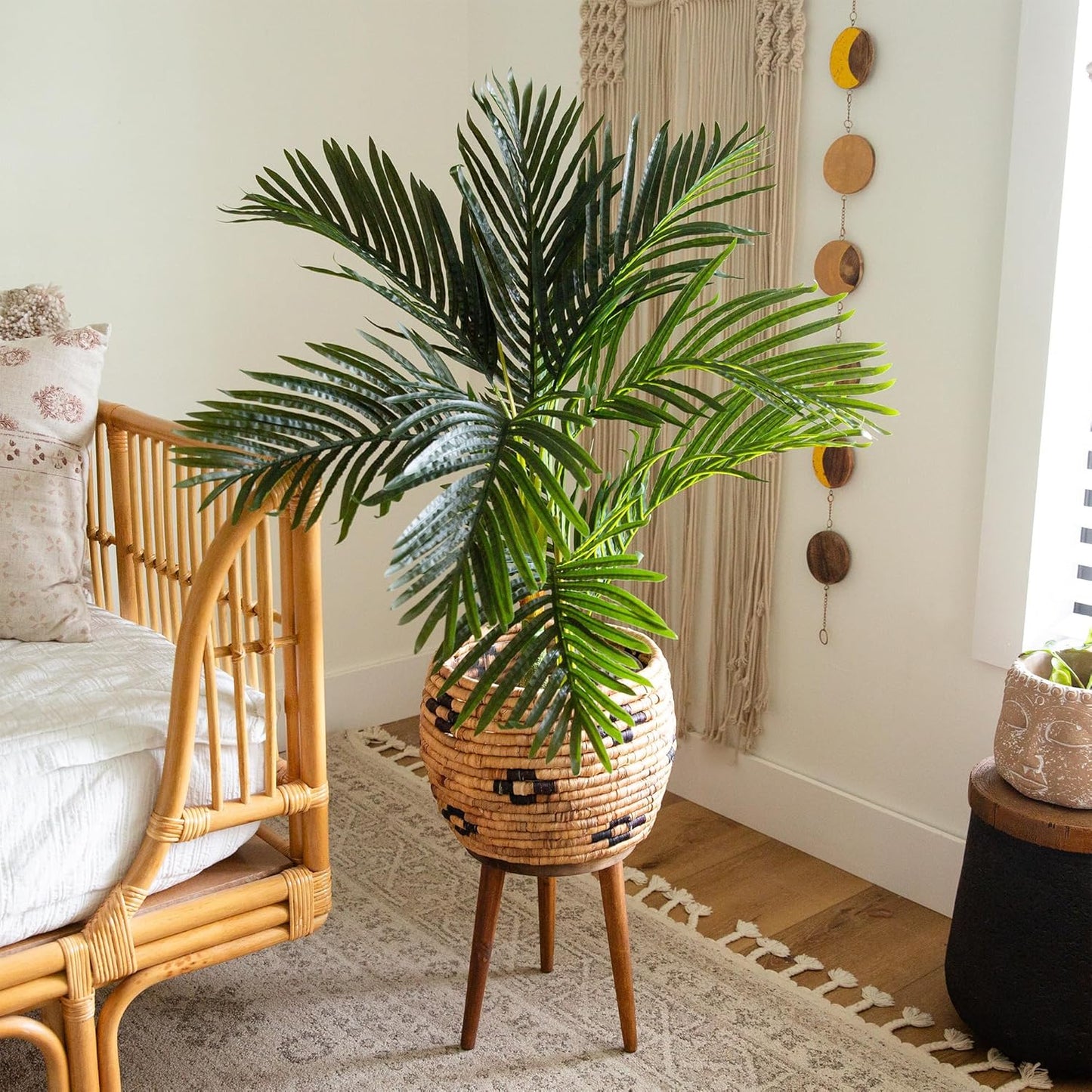 Nearly Natural 6.5ft Artificial Golden Cane Palm Tree, Lifelike Silk Indoor Palm With Three Textured Trunks Flexible Fronds Nursery Planter, Low Maintenance