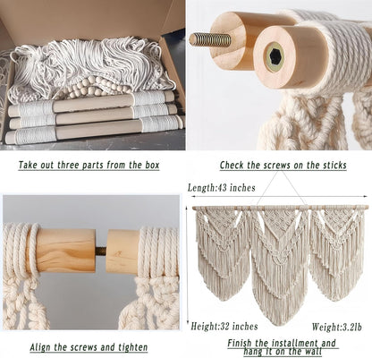 oiikain Large Handmade Boho Macrame Wall Hanging Tapestry - Chic Bohemian Woven Home Decor art for Living Room, Bedroom, and Wedding Parties (Beige, twelve rhombus)