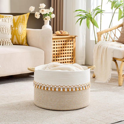 KAKAMAY Large Blanket Basket (20"x13"),Woven Baskets for storage Baby Laundry Hamper, Cotton Rope Blanket Basket for Living Room, Laundry, Nursery, Pillows, Baby Toy chest (White/Brown)